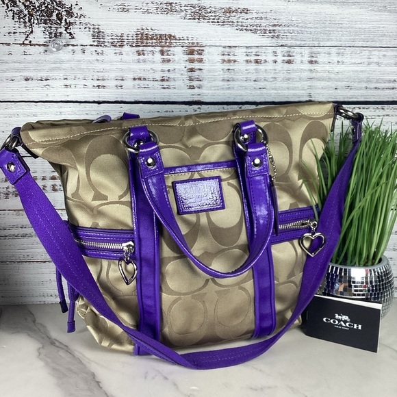Coach Y2K Poppy F20101 Shoulder hand Bag Khaki Purple Tote Vintage Purse - Picture 3 of 13